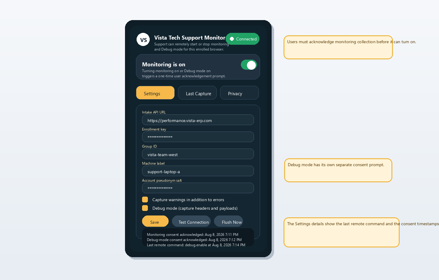 Settings screenshot showing monitoring and debug consent flow